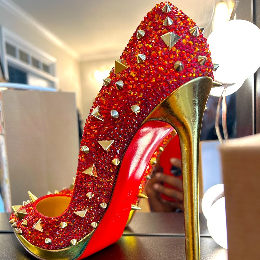Christian Louboutin, size 39 red orange flame Phoenix spiked stiletto heels. 🤤
